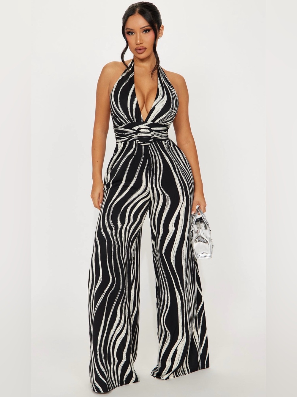 Fashion Nova Black & White Wave Wide-Leg Jumpsuit